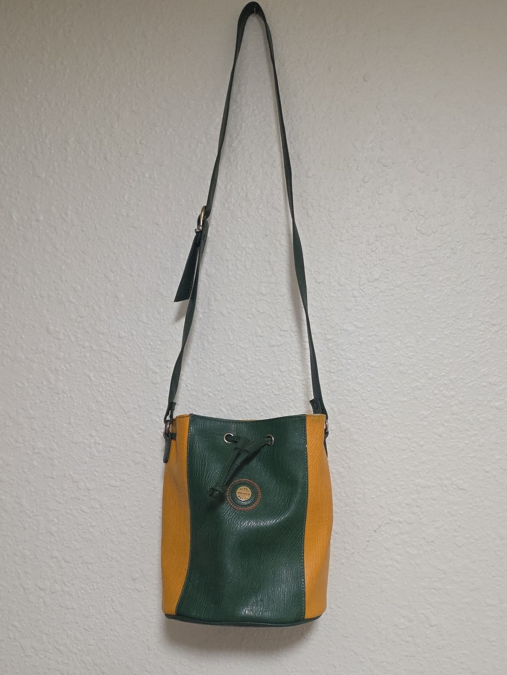 Perry Ellis Green and Mustard Two-Tone Leather Bucket Bag